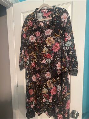 Johnny Was Black Floral Midi Dress with Pink, Yellow & White Blooms